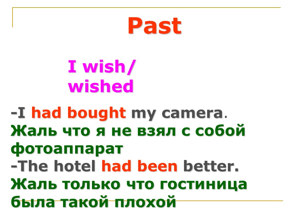 I wish/ wished Past -I had bought my camera. Жаль что я не взял